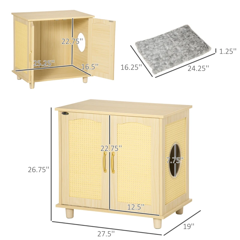 PawHut Cat Litter Box Enclosure with Soft Cushion, Indoor Cat Washroom Storage Bench End Table with PE Rattan Trim, Magnetic Doors, Easy Assembly, Oak