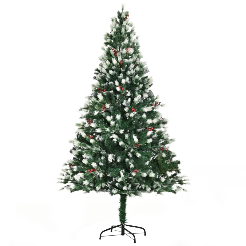 HOMCOM 6' Tall Unlit Snow-Flocked Fir Artificial Christmas Tree with Realistic Branches, Red Berries and 836 Tips, Green / White