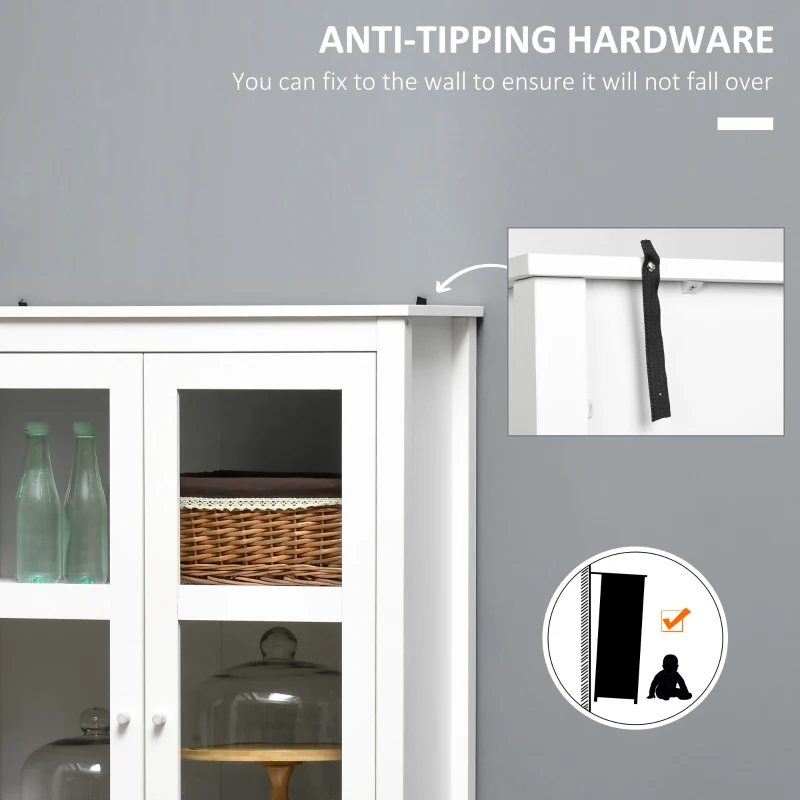 HOMCOM Kitchen Pantry Cabinet, Freestanding Storage Cabinet with 3-tier Shelves, 2 Drawers and Glass Doors, White