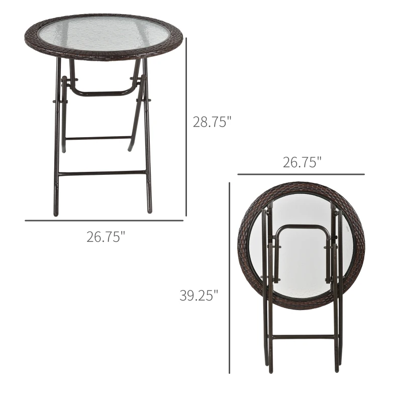 Outsunny 26.8" Dia. (68 Dia. cm) Folding Round Tempered Glass Metal Table with Brown Rattan Edging, Brown