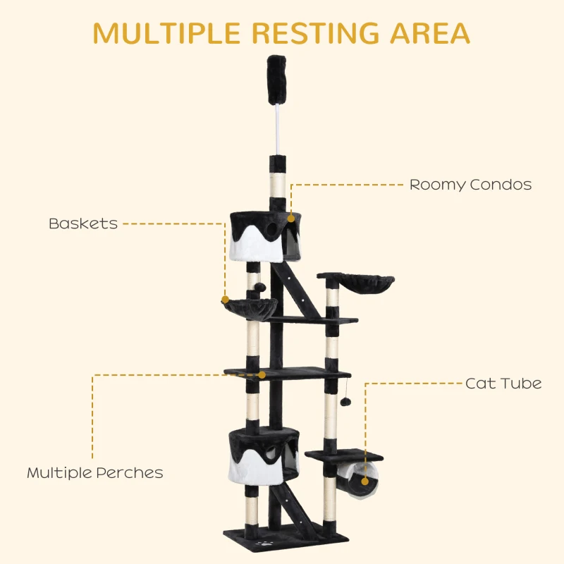 PawHut 94"-102" Floor to Ceiling Cat Tree, High Cat Condo Scratching Post Activity Center, Multi-Level Play House