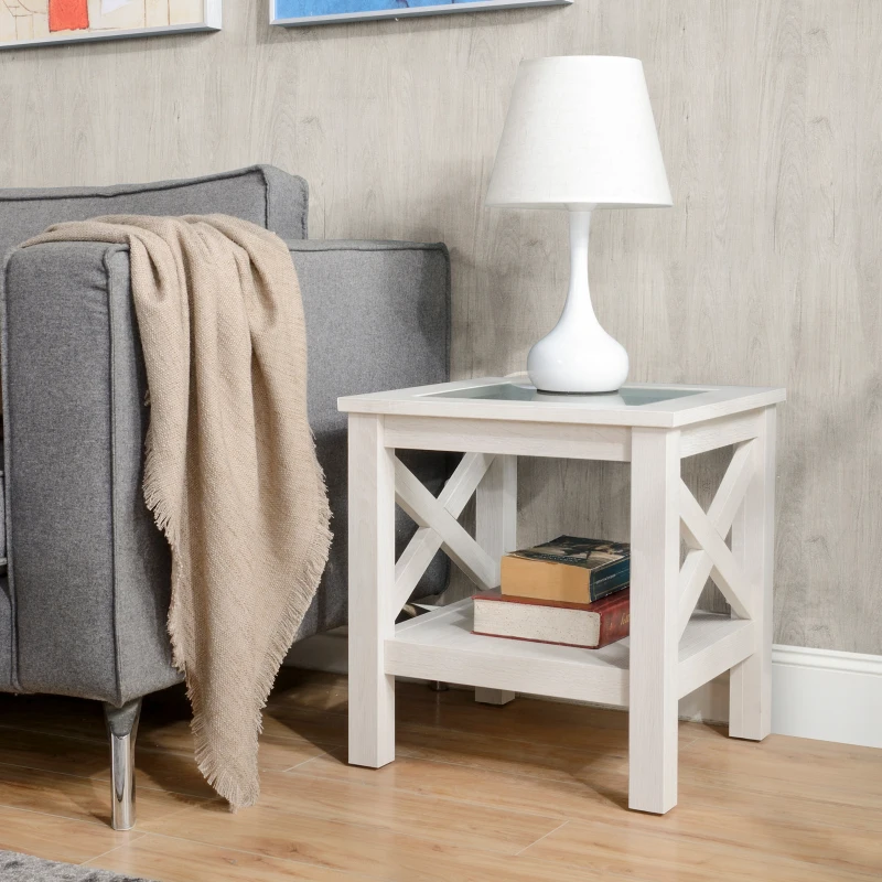 HOMCOM Coffee Table with Tempered Glass Tabletop, Living Room Table with Wood Frame and Underneath Storage Shelf, White Oak
