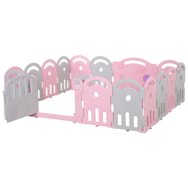 Qaba Baby Enclosure, 16 Panels Baby Playpen Baby Play Yard, Indoor & Outdoor Kids Activity Center, Pink
