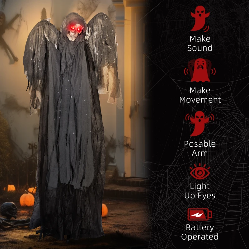 HOMCOM 6.4' Life Size Winged Grim Reaper Outdoor Halloween Decoration Animatronic, Animated Prop w/ Light Up Eyes