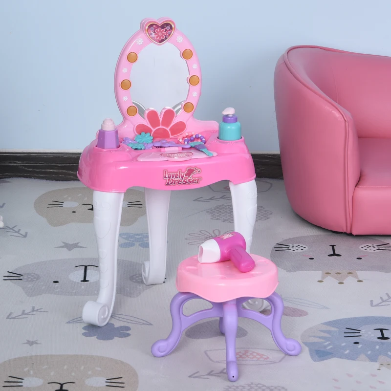 Qaba Kids Vanity Table and Chair Beauty Pretend Play Set with Mirror Lights Sounds & Pretend Beauty Makeup Accessories for Girls 3+ Years Old