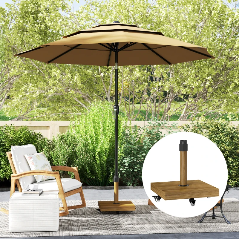 Outsunny 57 lbs Metal Square Patio Umbrella Base Holder, Outdoor Umbrella Stand with Wheels, Heavy Duty Patio Umbrella Stand Base for Garden, Poolside, Nature Wood