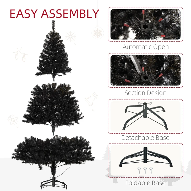 HOMCOM 6 FT Tall PreLit Artificial Christmas Tree with Realistic Branches, 250 Warm White LED Lights and 1000 Tips, Black