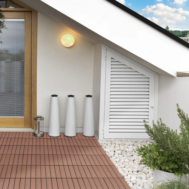 Outsunny 11 Pcs Plastic Interlocking Deck Tiles, 12" x 12" Non-slip Flooring Tiles for Indoor Outdoor Patio Balcony, Light Brown