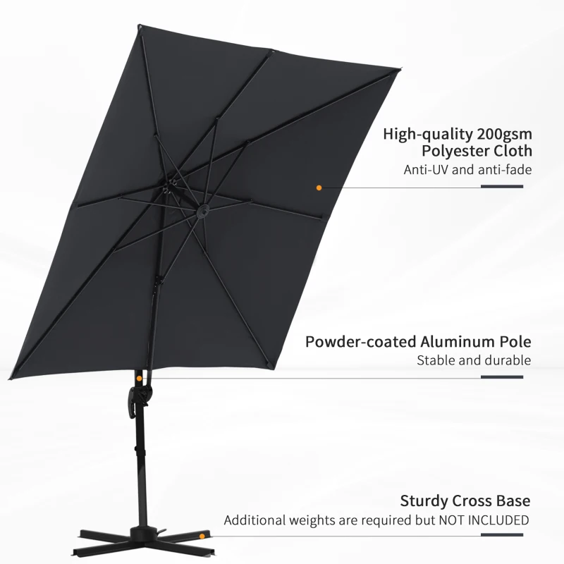 Outsunny 8FT Cantilever Patio Umbrella, Square Outdoor Offset Umbrella with 360° Rotation, Aluminum Hanging Umbrella with 3-Position Tilt, Crank & Cross Base for Garden, Dark Gray