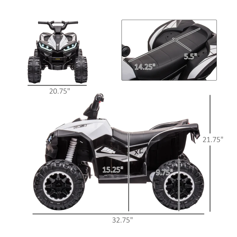 Aosom 12V Kids ATV Quad Car with Forward & Backward Function, Four Wheeler for Kids with Wear-Resistant Wheels, Music, Electric Ride-on ATV for Toddlers Ages 3+ Years Old, White