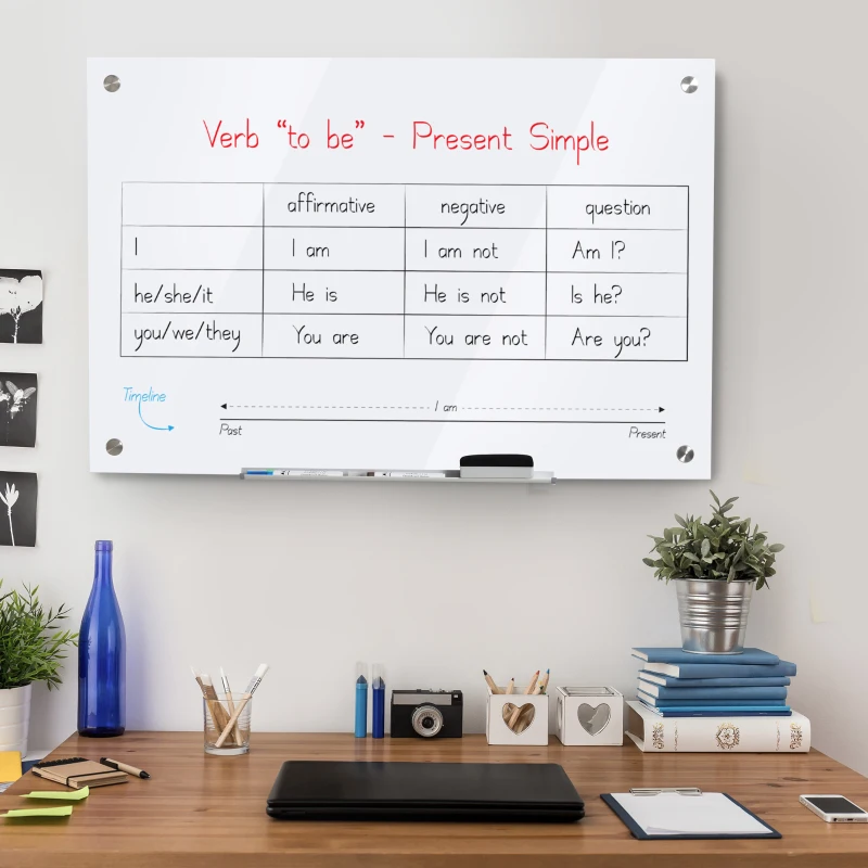 Vinsetto 35.5" x 23.5" Glass Magnetic Dry Erase Whiteboard, Frameless Board on Wall, with Dry Eraser, 4 Markers, and Pen Holder, White