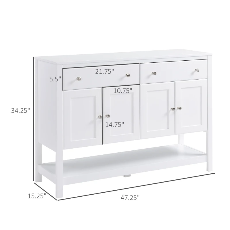 HOMCOM 47" Coffee Bar Cabinet, Sideboard Buffet Cabinet, Accent Kitchen Organizer with Adjustable Shelves and Drawers, Entryway Table for Living Room, White