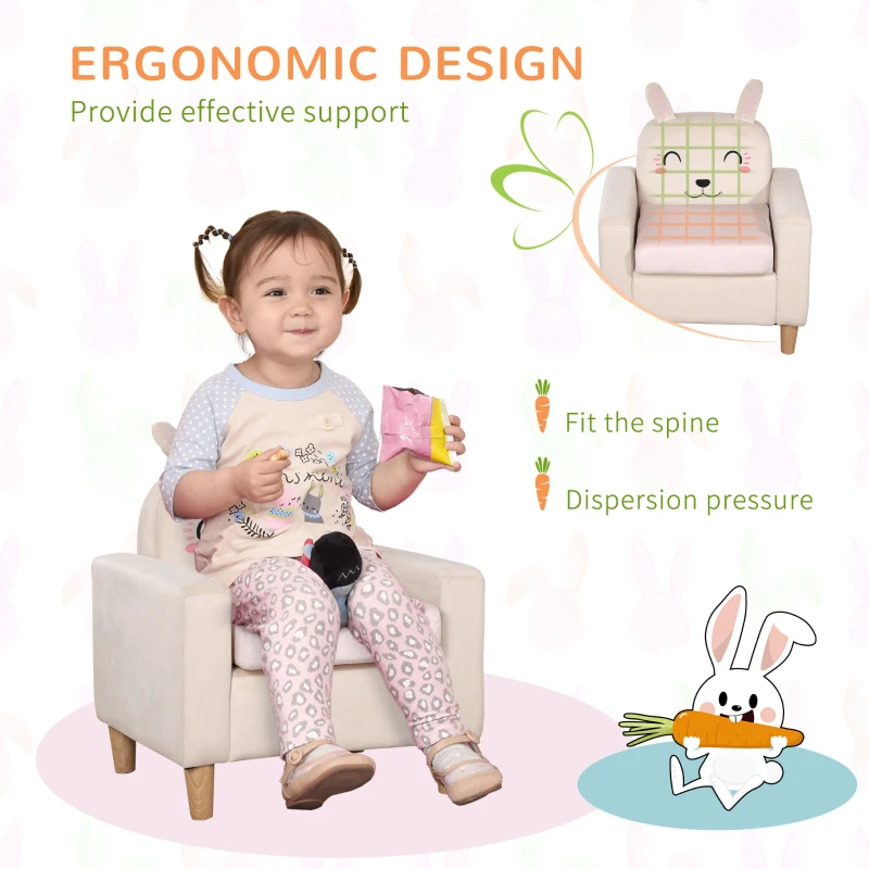 Qaba Kids Sofa, Toddler Armchair and Couch with Rabbit Ear Backrest and Wooden Legs for  Preschool, Bedroom, Kindergarten, Cream