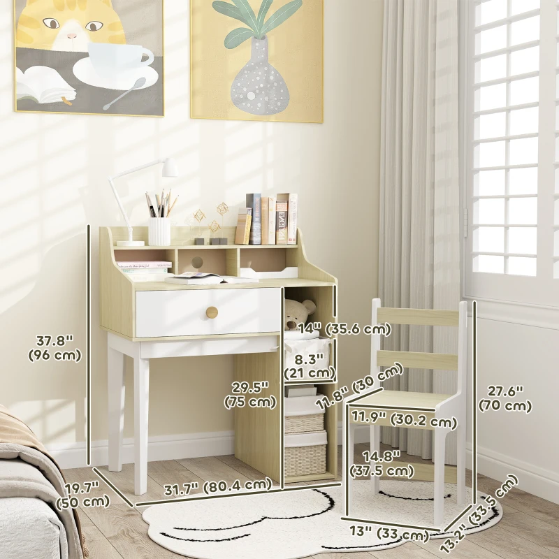 Qaba Kids Desk and Chair Set with Storage Shelves, Drawer, for 3-10 Years, White