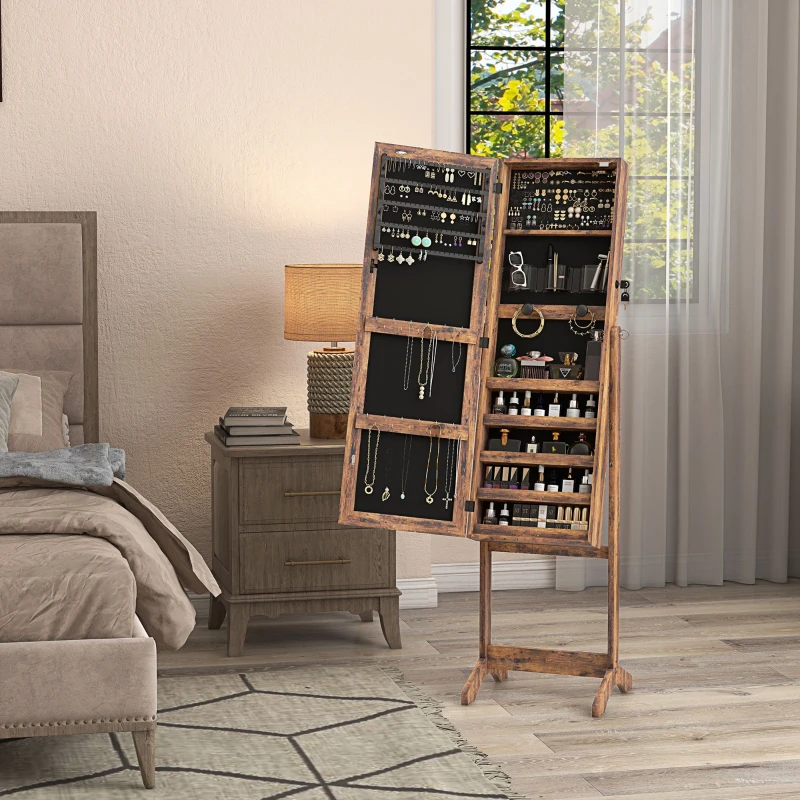 HOMCOM Lockable Jewellery Armoire with LED Light, Standing Mirror with Storage for Bedroom Dressing Room, Rustic Brown