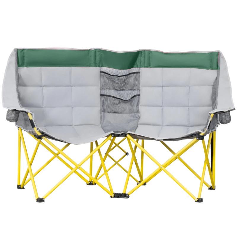 Outsunny 62" W Double Seat Camping Chair Folding Lawn Loveseat w/ Storage Pocket & Cup Holder Compact in a Bag for Outdoor, Beach, Picnic, Hiking, Travel, Green