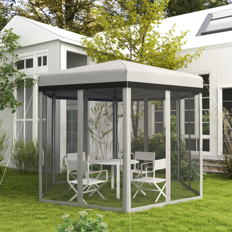 Outsunny 12'x12' Pop Up Canopy, Hexagon Gazebo with Netting, Carry Bag, Height Adjustable Instant Shelter, Grey