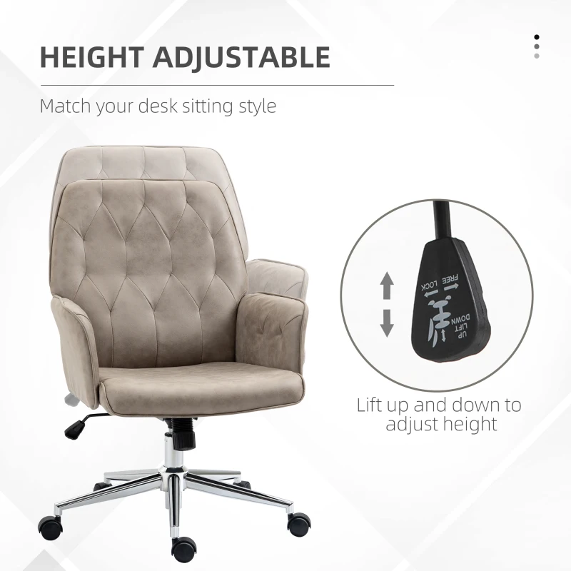 Vinsetto Microfiber Home Office Chair, Tufted Height Adjustable Computer Desk Chair with Swivel Wheels and Padded Armrests, Light Gray