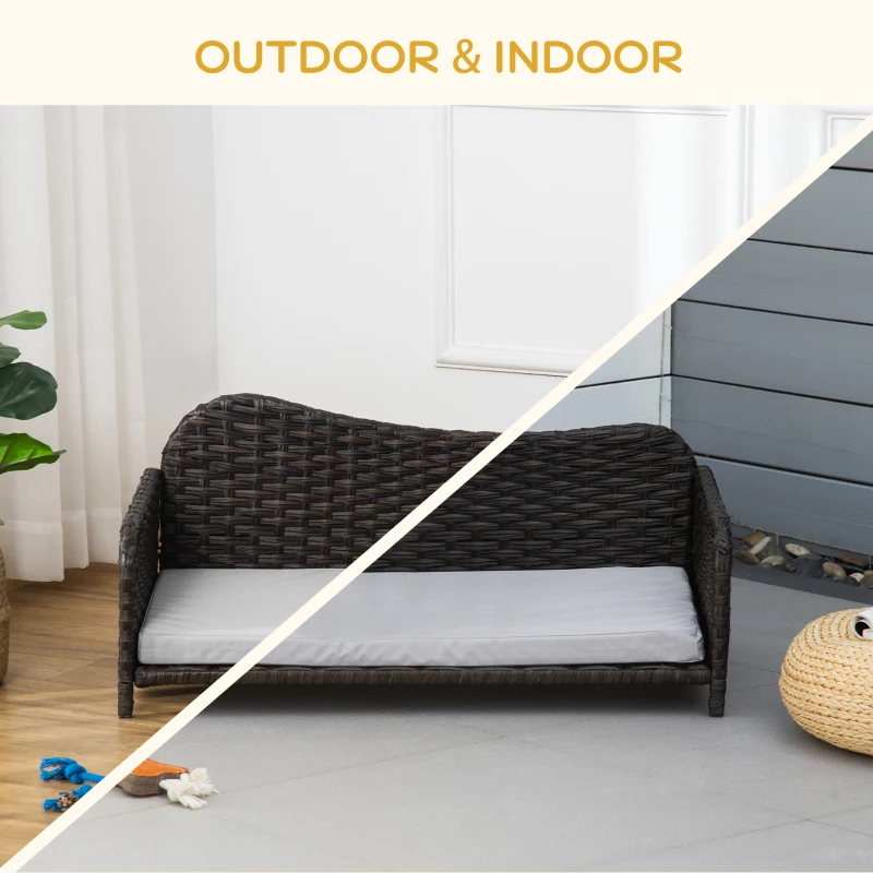 PawHut Rattan Pet Sofa for Large & Medium Dogs, Indoor & Outdoor Raised Wicker Dog Bed, Cat Couch, with Soft Washable Cushion, Charcoal Grey