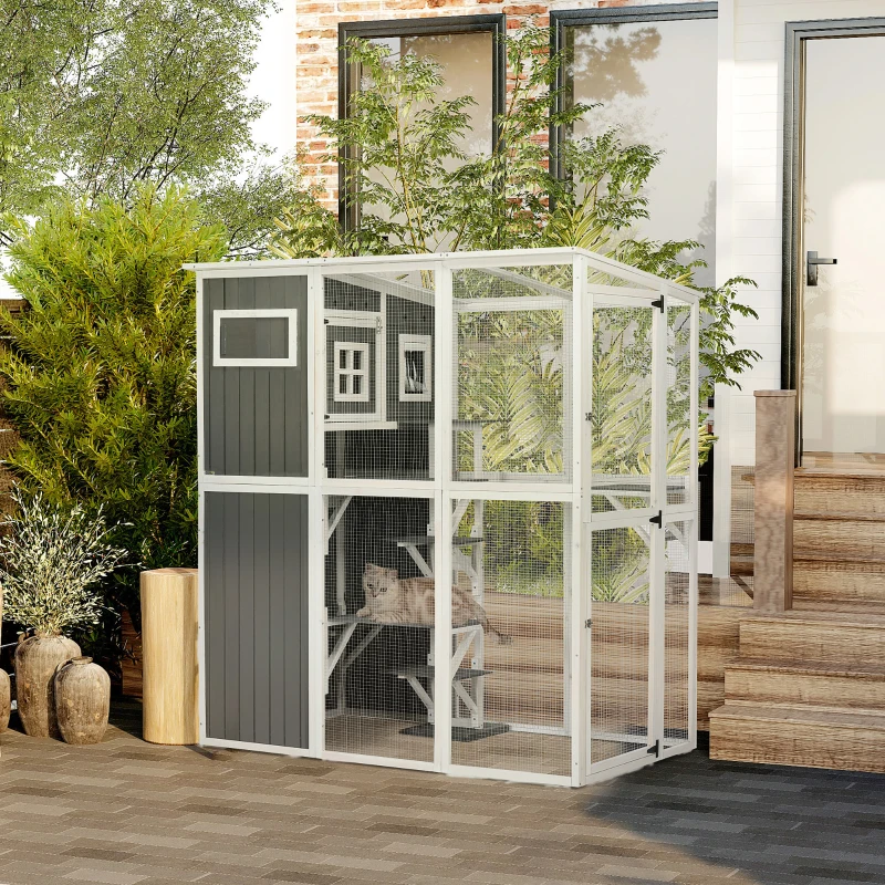 PawHut Catio Outdoor Cat Enclosure Large Cat House Outdoor Wooden Walk-in Kitten Feral Cat Shelter, for Multiple Cats with 7 Perches, Door, Cat Condo and Weather Protection Roof, 66.5" L, Gray