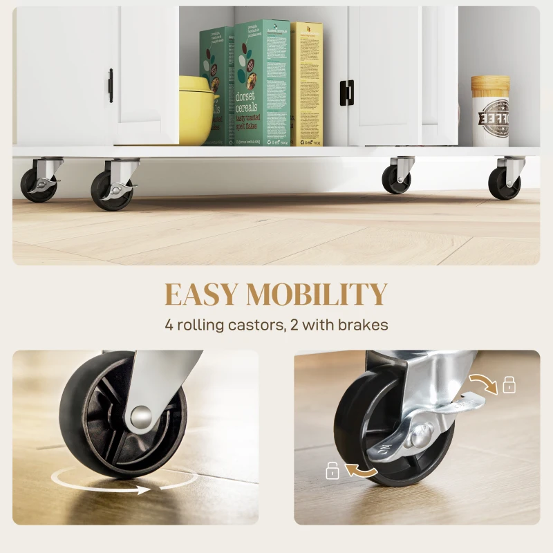 HOMCOM Kitchen Island on Wheels with Rubberwood Top, Rolling Kitchen Cart with 2 Drawers, 4 Doors and Adjustable Shelves