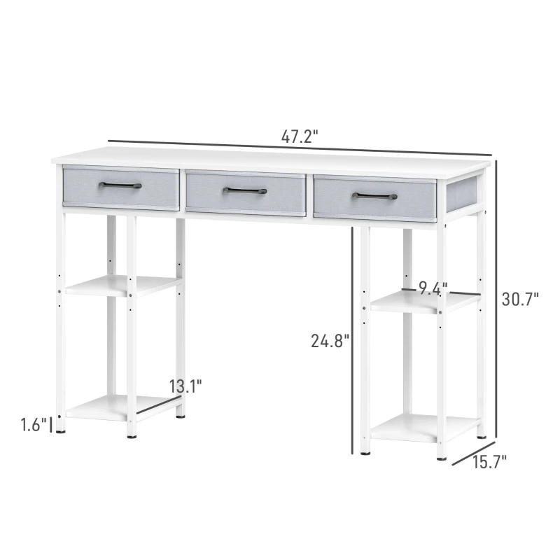 HOMCOM 47" Small Computer Desk, Writing Desk with Fabric Drawers, Home Office Desk with Adjustable Shelves, White