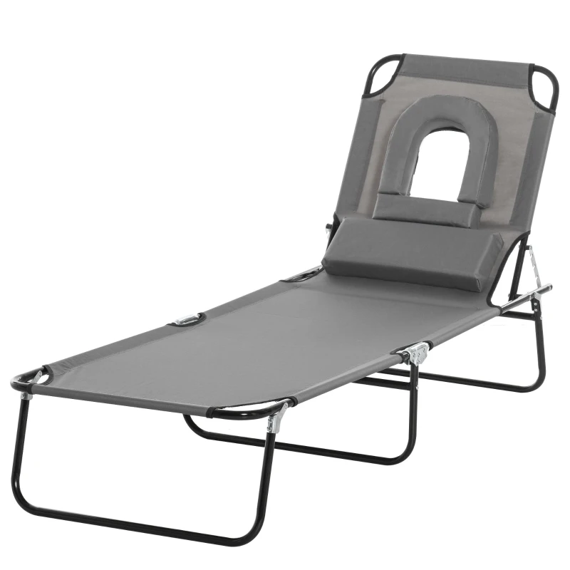 Outsunny Adjustable Outdoor Lounge Chair, Garden Folding Chaise Lounge with Face Hole Reclining Tanning Chair Seat, Folding Camping Beach Lounging Bed w/ Support Pillow, Grey