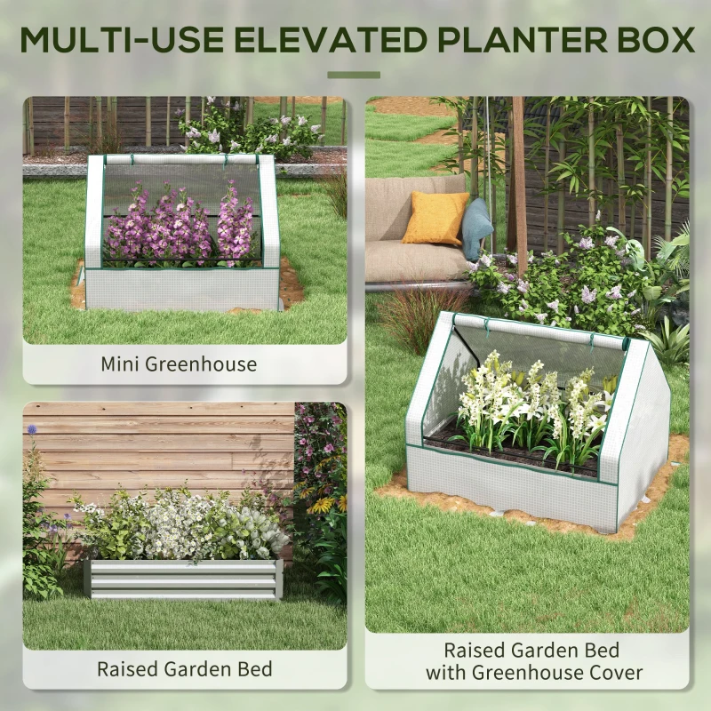 Outsunny Raised Garden Bed, Outdoor Metal Planter Box with Mini Greenhouse, White and Silver