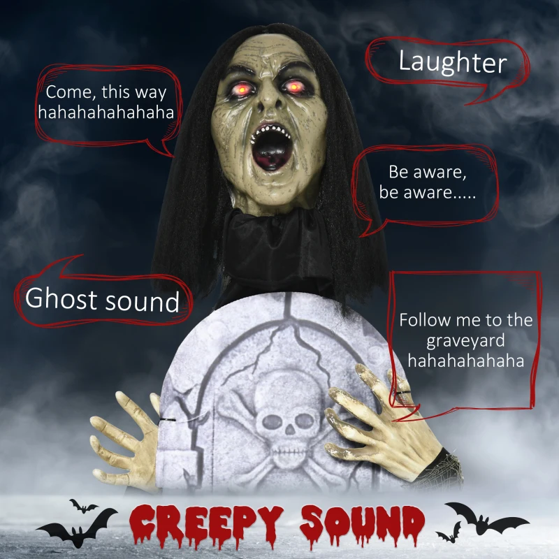 Outsunny 30" Life Size Outdoor Halloween Decorations Female Ghost with Tombstone, Animated Prop Animatronic Decor with Sound and Motion Activated Light Up Eyes, Spooky Sound