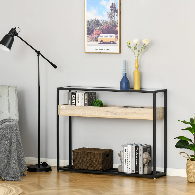 HOMCOM Industrial Narrow Console Table, Sofa Table, Entryway Table with Storage Shelf, Tempered Glass Top and Steel Frame for Living Room