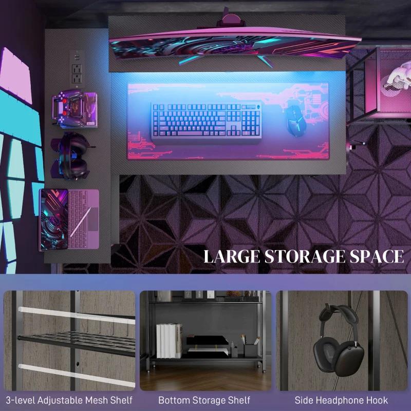 HOMCOM Reversible L Shaped Desk with Lights, Power Outlet, USB Ports, Corner Desk with Storage for Home Office, Black