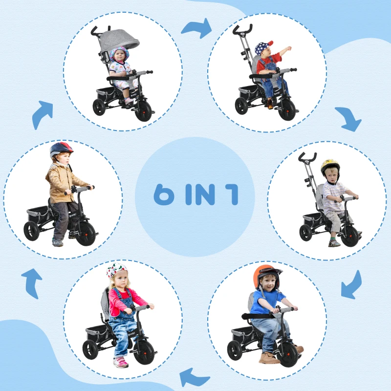 Qaba 6 in 1 Toddler Tricycle Stroller with Basket, Canopy, 5-point Safety Harness, for 12-60 Months, Grey