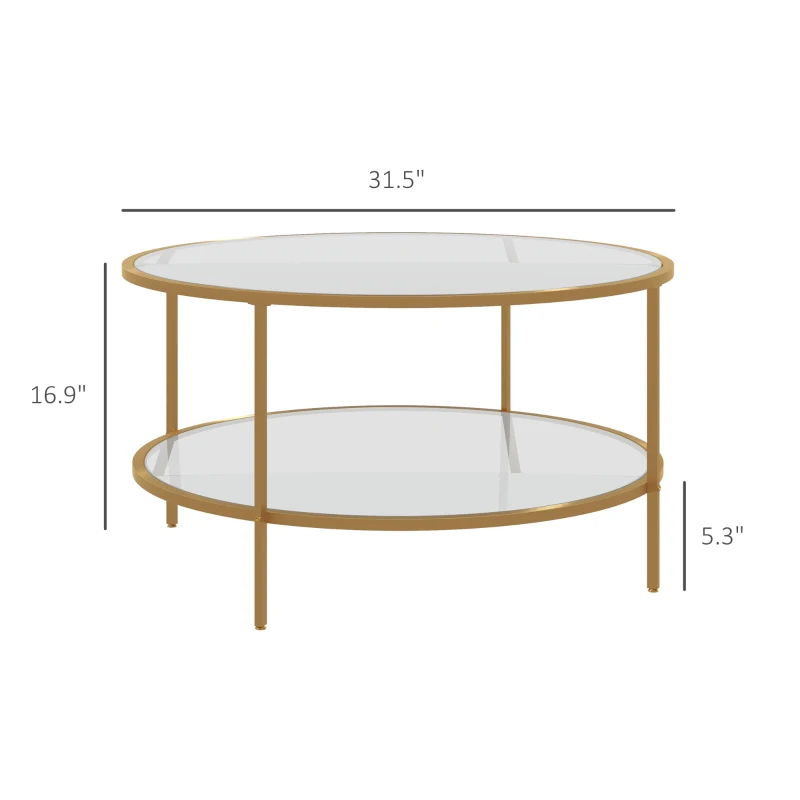 HOMCOM Side Table with Storage, 32" Round End Table, 2-Tier Tempered Glass Coffee Table with Steel Frame for Living Room, Gold
