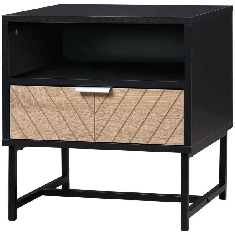 HOMCOM Modern Bedside Table with Drawer, Nightstand with Storage Shelf, Sofa End Table for Bedroom, Black and Oak
