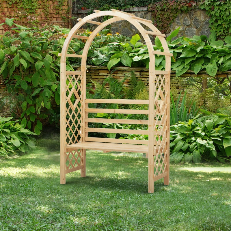 Outsunny Garden Bench with Arch Wooden Bench Trellis for Vines/ Climbing Plants for Patio Furniture, Front Porch Decor, Garden Arbor and Outdoor Garden Seating, Nature