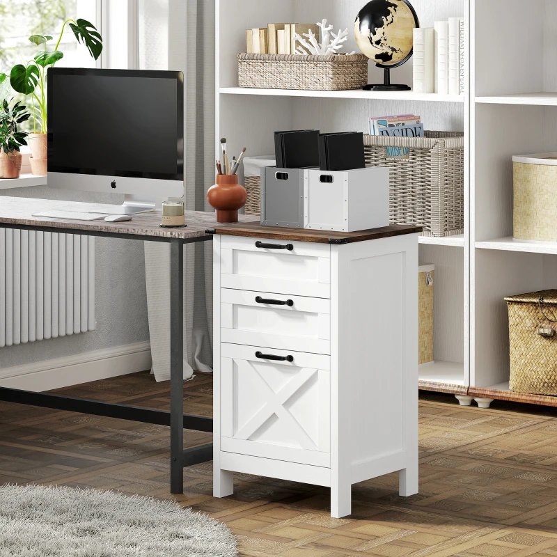 HOMCOM Vertical File Cabinet with 3 Drawers, Rustic Farmhouse Office Storage Cabinet for A4, Letter Size, Distressed White