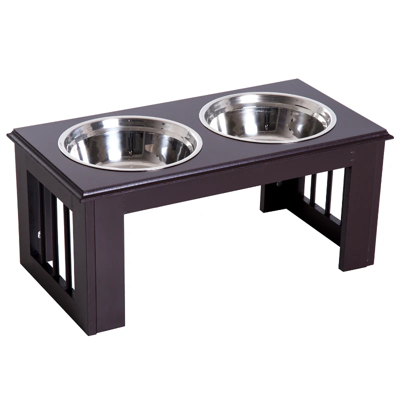 PawHut 10" Height Dog Feeding Station for Messy Pets, Stainless Steel Elevated Dog Bowls with Modern Wooden Frame, Dog Food Stand Pet Feeding Station, Dark Brown