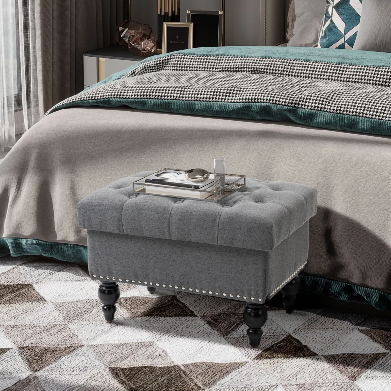 HOMCOM Ottoman with Storage for Living Room, 25" Storage Ottoman with Removable Lid, Button-Tufted Fabric Bench for Footrest and Seat with Wood Legs, Gray