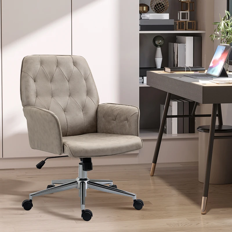 Vinsetto Microfiber Home Office Chair, Tufted Height Adjustable Computer Desk Chair with Swivel Wheels and Padded Armrests, Light Gray