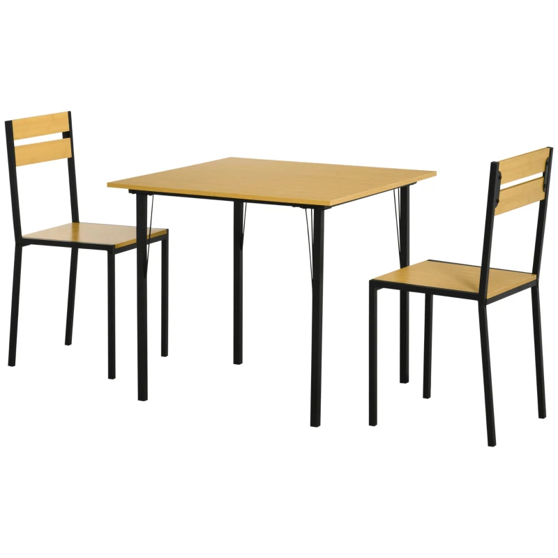 HOMCOM Industrial 3-Piece Dining Table Set, Square Kitchen Table with 2 Chairs for Dorms, Apartments, Studios, Bamboo