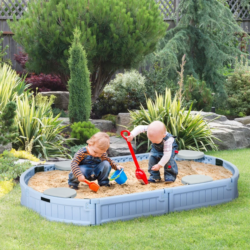 Outsunny Kids Sandbox with Cover, Seat, Sandbox Outdoor for Backyard, Light Blue
