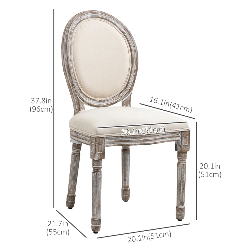 HOMCOM Dining Chairs Set of 2, French Style Linen Fabric Upholstered Kitchen Chairs with Backs and Wood Legs for Dining Room, Living Room, Bedroom, Cream White