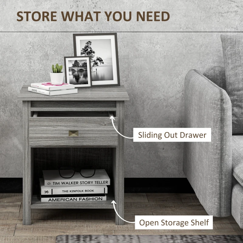 HOMCOM Bedside Table, Farmhouse Nightstand with with Drawer and Storage Shelf, Night Table for Bedroom, Grey
