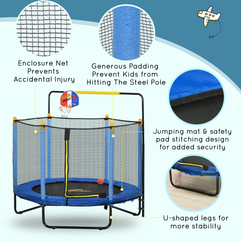 Qaba Kids Trampoline with Net, Basketball Hoop, Horizontal Bar Indoor, Blue