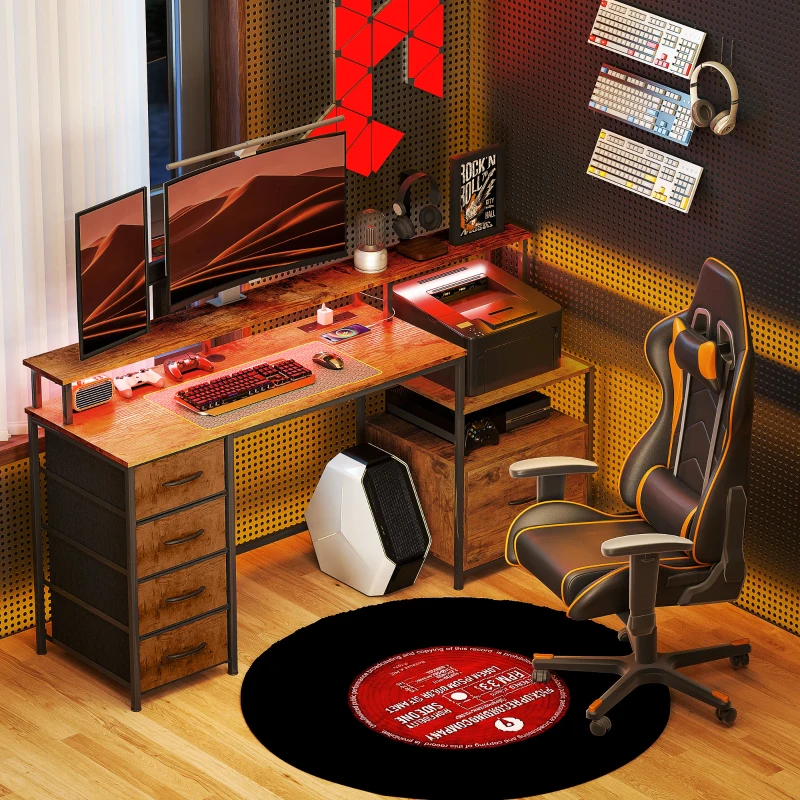 HOMCOM Computer Desk with Power Outlets and LED Lights, 67" Computer Table with File Cabinet and Fabric Drawers, Rustic Brown