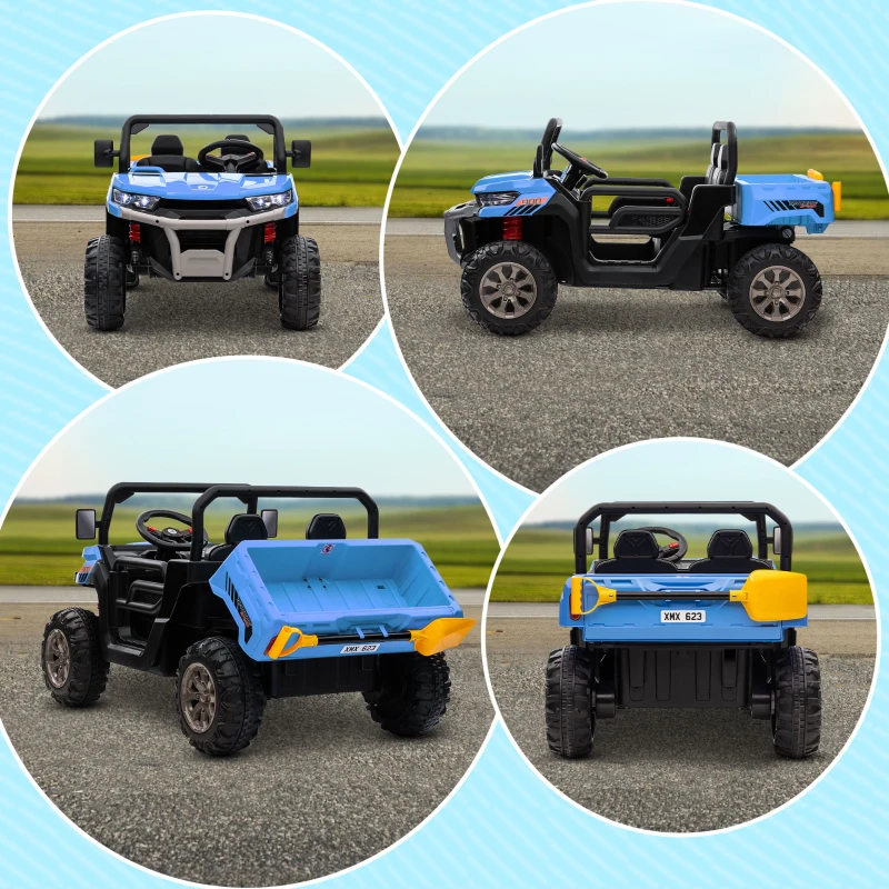 Aosom 12V Ride on Car with Electric Bucket, Two-Seater, Shovel, Remote Control, Spring Suspension, Horn, Music, Blue