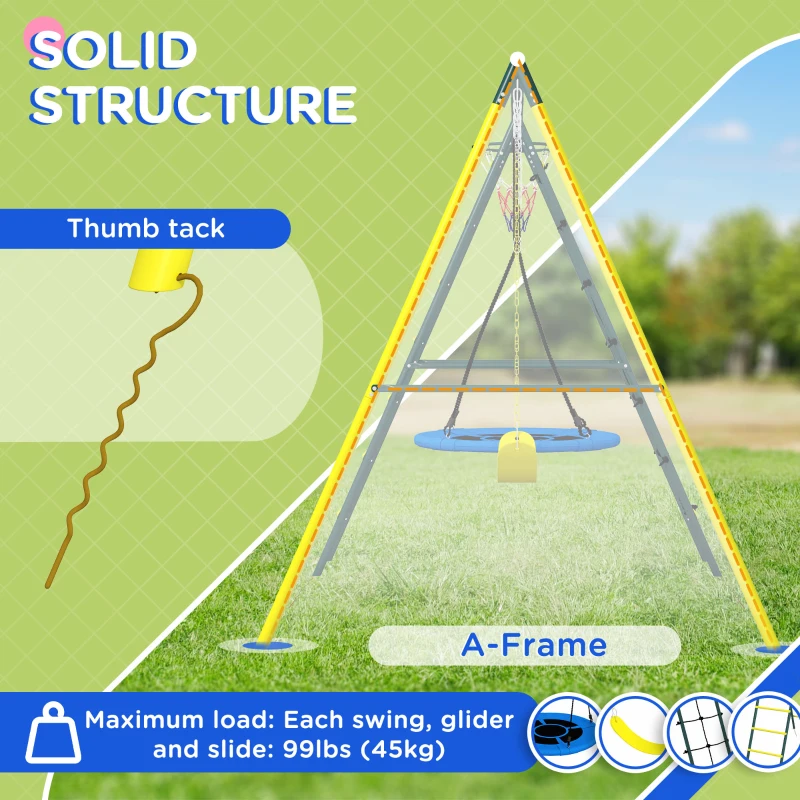 Outsunny 4 in 1 Swing Set for Kids with Saucer Swing, Seat, Climbing Ladder/Net, Basketball Hoop for 3-8 Years Old, Yellow