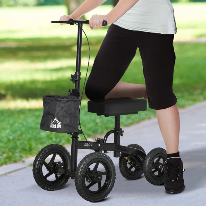 HOMCOM Knee Walker, Foldable Steerable Medical Knee Scooter, Crutch Alternative with Braking System, Storage Bag for Foot Injuries, Black