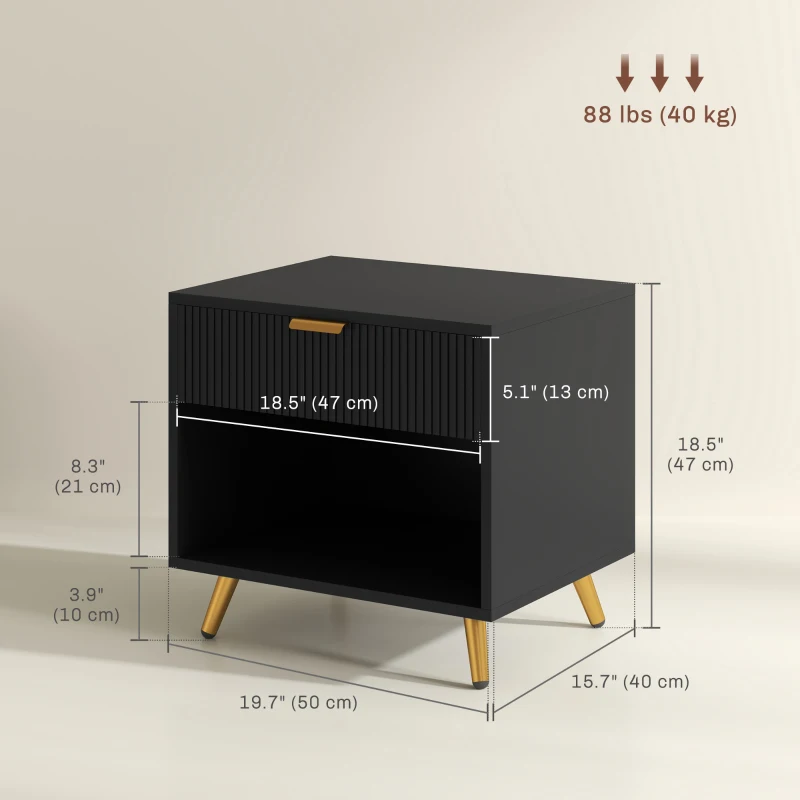 HOMCOM Nightstand with Fluted Panel, Bedside Table with Drawer and Open Compartment, Modern Night Table for Bedroom, Black