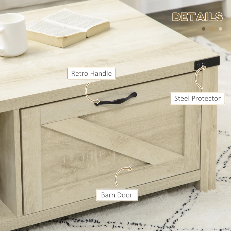 HOMCOM Farmhouse Coffee Table with Storage and Drawer, Rustic Coffee Table for Living Room, Open Shelf, Pale Oak